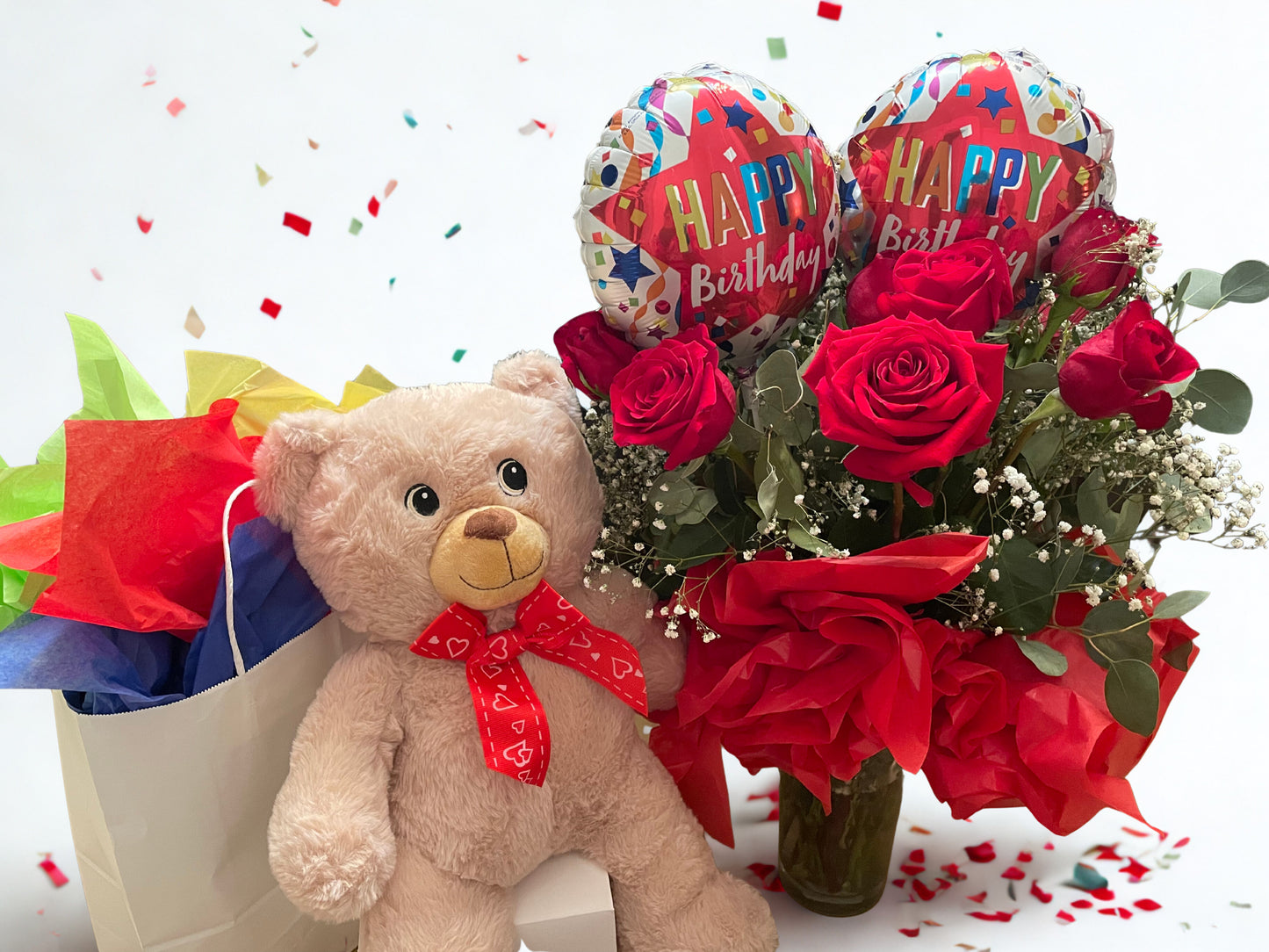 Happy Birthday Dozen Red Roses w/Bear