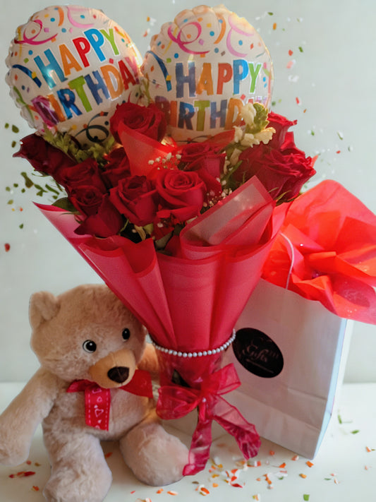 Happy Birthday Dozen Red Roses w/Bear
