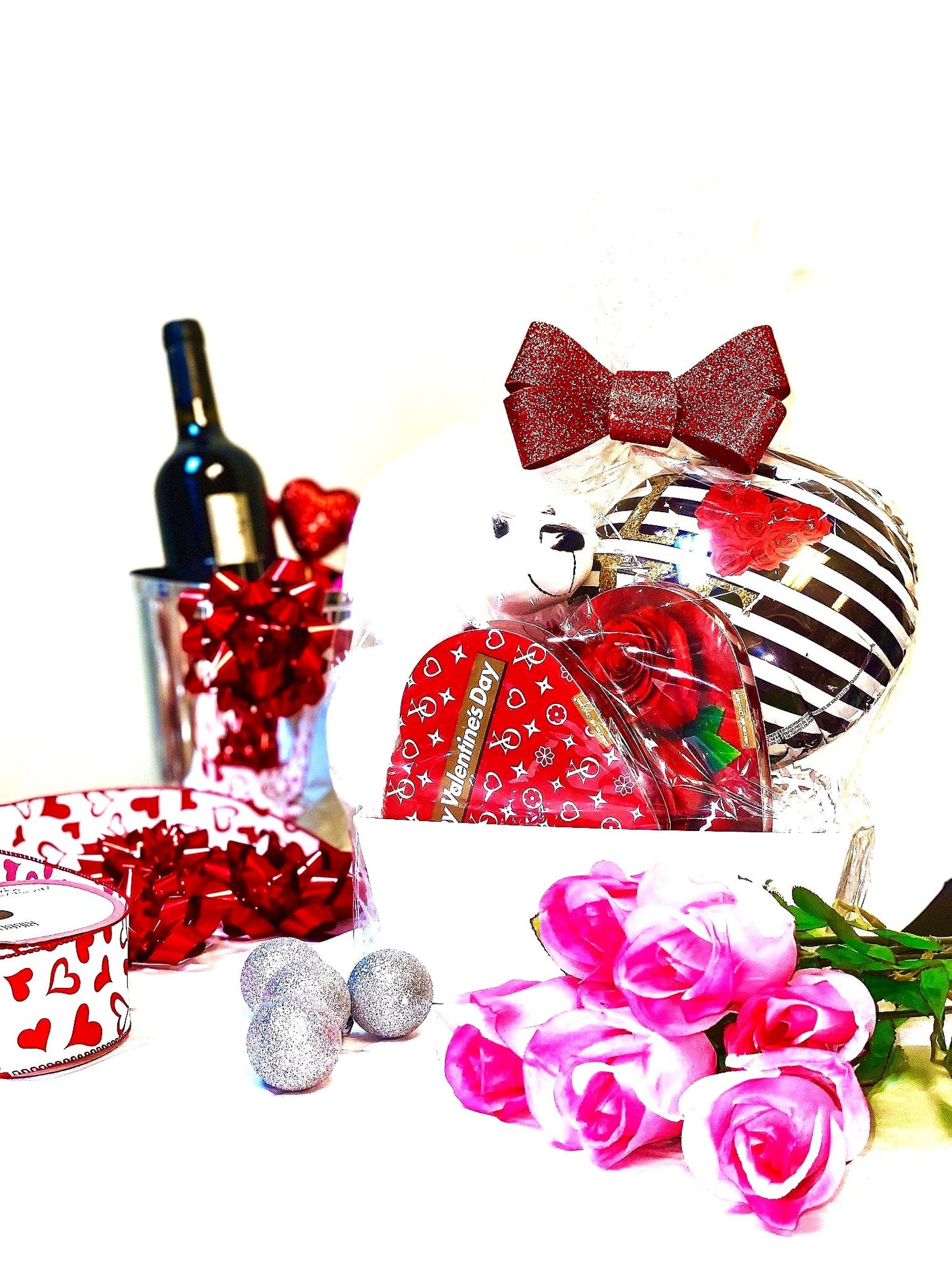 Valentine's Bear Basket w/Chocolate Hearts in Basket