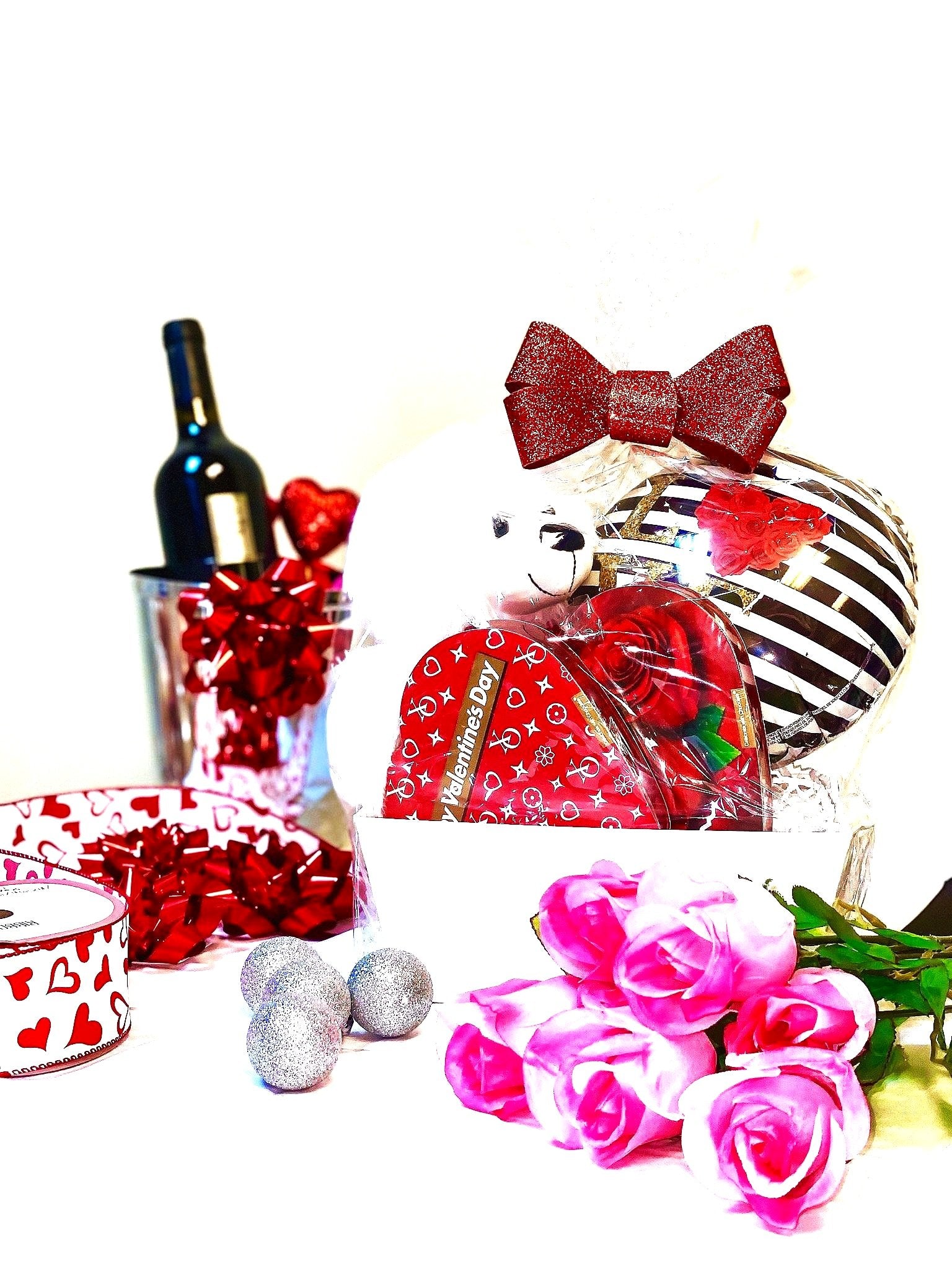 Valentine's Bear Basket w/Chocolate Hearts in Basket