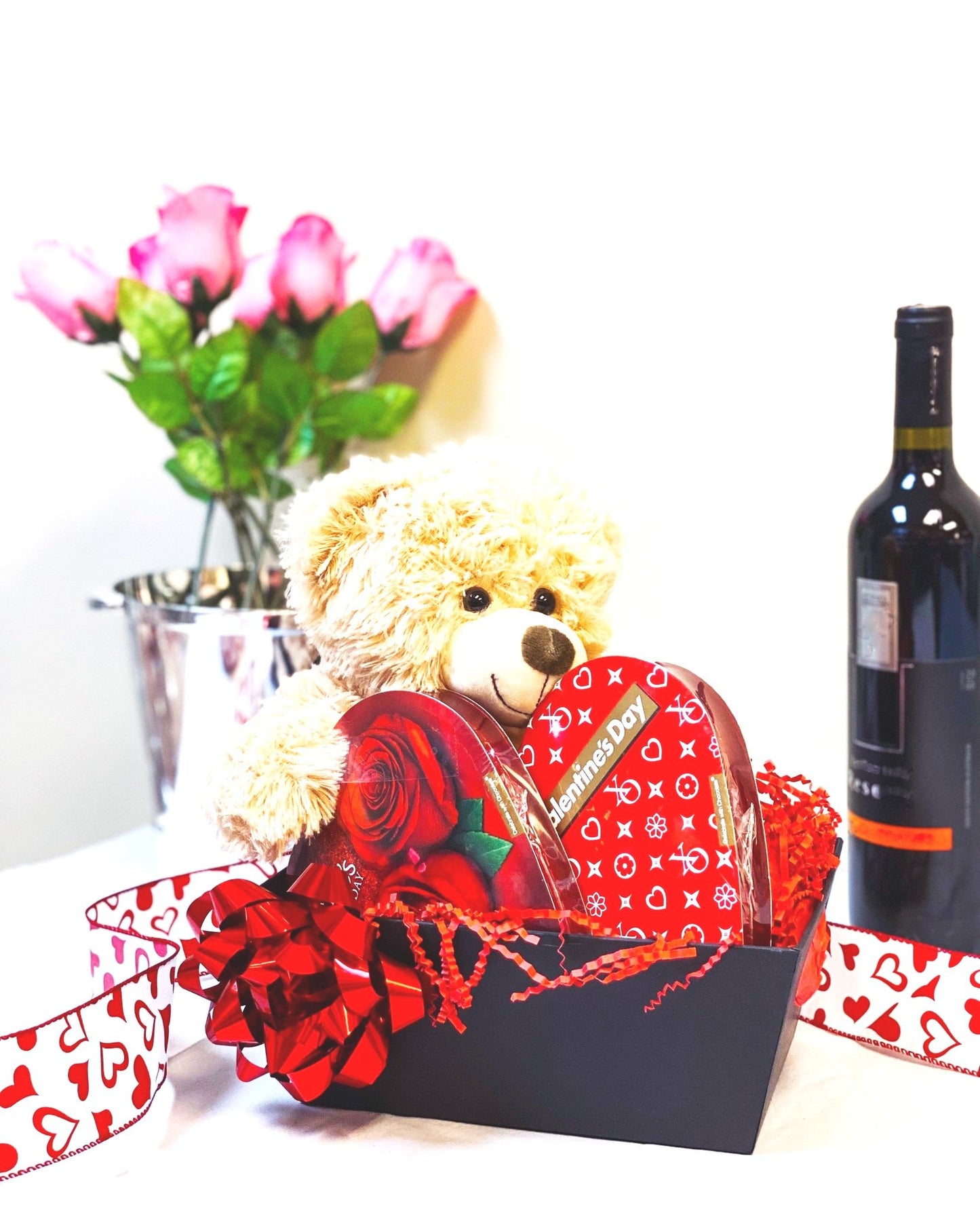 Valentine's Bear Basket w/Chocolate Hearts in Basket