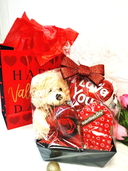 Valentine's Bear Basket w/Chocolate Hearts in Basket