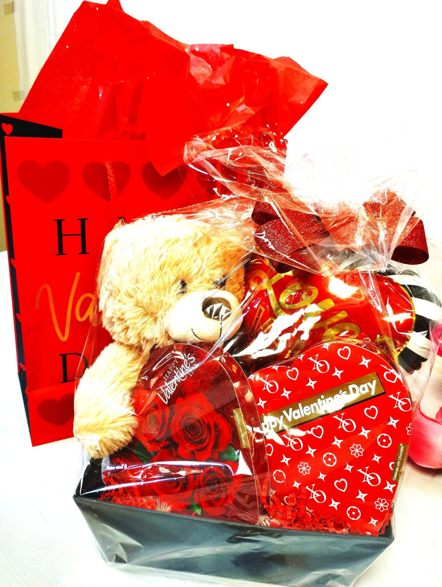 Valentine's Bear Basket w/Chocolate Hearts in Basket