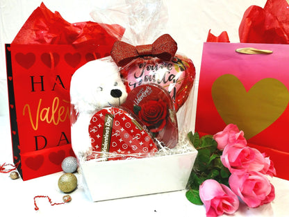 Valentine's Bear Basket w/Chocolate Hearts in Basket
