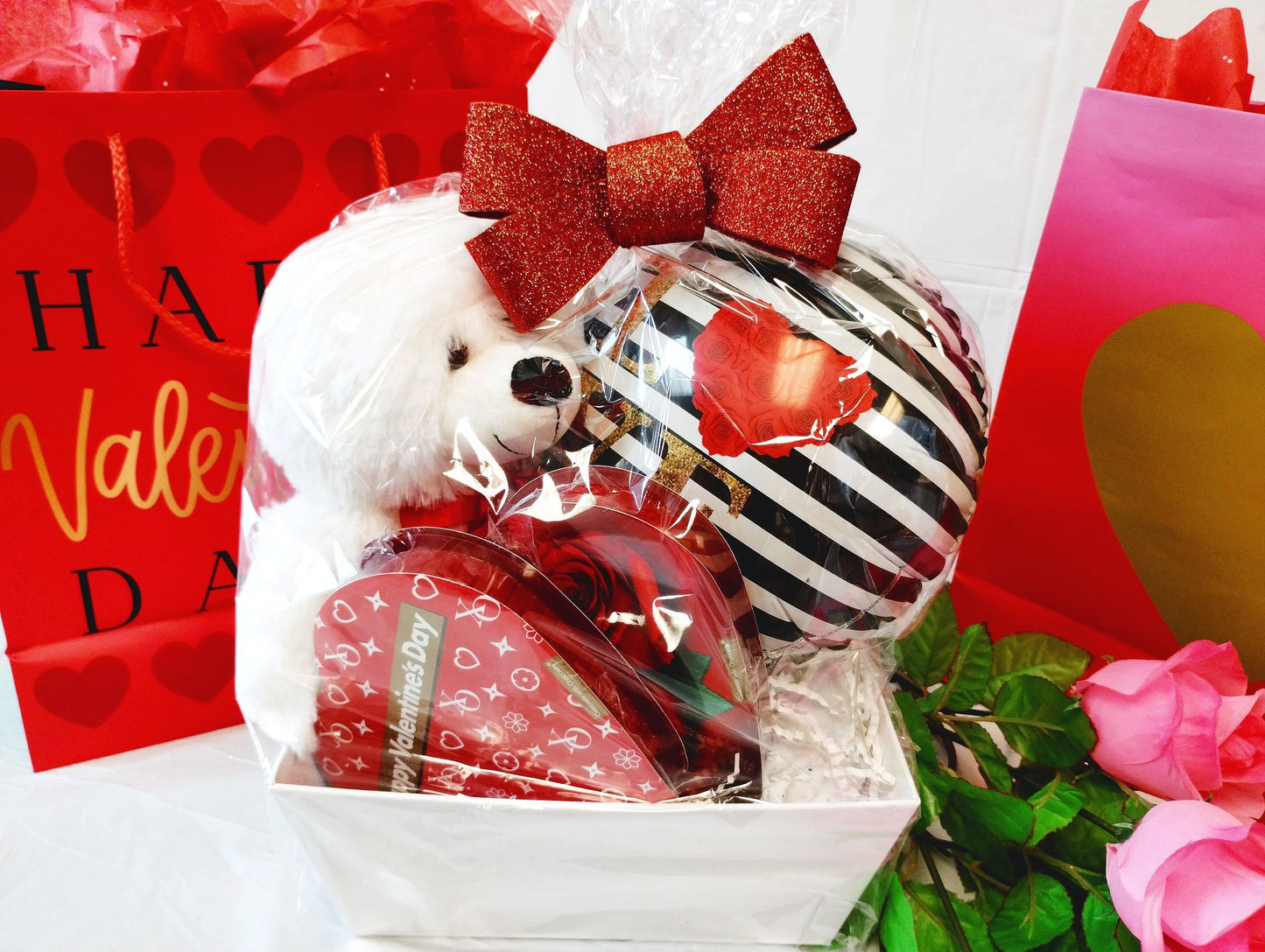 Valentine's Bear Basket w/Chocolate Hearts in Basket