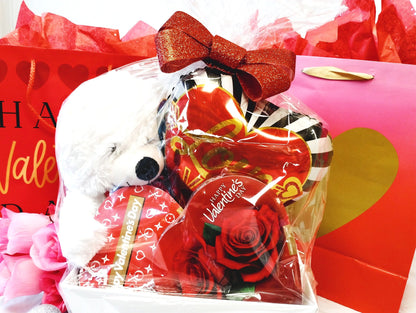 Valentine's Bear Basket w/Chocolate Hearts in Basket