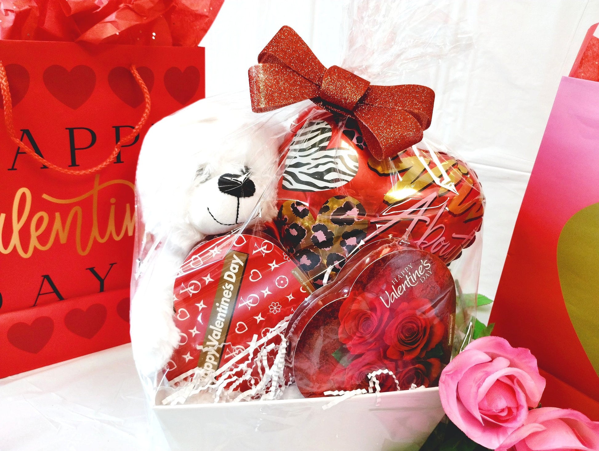 Valentine's Bear Basket w/Chocolate Hearts in Basket
